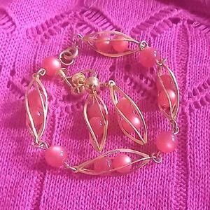 Elegant Gold and Pink Cat's Eye Bracelet, With Matching Screw Back Earrings.